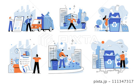 Waste disposal. Vector illustration. It is metaphorical bin where we handle remnants our consumption, making choices have significant impact on environment and world we live Waste disposal. Vector illustration. It is metaphorical bin where we handle remnants our consumption, making choices have significant impact on environment and world we live 111347317