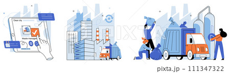 Waste disposal. Vector illustration. Junk and waste find new life through recycling and upcycling By transforming discarded materials into valuable resources, we reduce our reliance Waste disposal. Vector illustration. Junk and waste find new life through recycling and upcycling By transforming discarded materials into valuable resources, we reduce our reliance 111347322