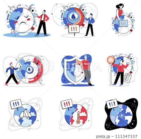 Climate vector illustration. A planet earth plagued by climate change necessitates immediate global action for environmental preservation Weather patterns are intricately linked to delicate dance Climate vector illustration. A planet earth plagued by climate change necessitates immediate global action for environmental preservation Weather patterns are intricately linked to delicate dance 111347337