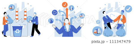 Waste disposal. Vector illustration. It involves optimizing use resources, such as energy, water, and raw materials, to minimize waste generation By embracing sustainable practices and adopting 111347479