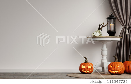 Halloween party in living room - decorations with lanterns and pumpkins , jack-o-lantern, modern classic style, 3D render 3D illustration 111347723