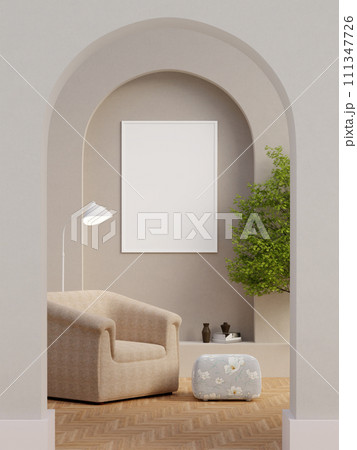 Light living room interior dresser and shelf with art decoration, mockup frame. 3d render illustration 111347726
