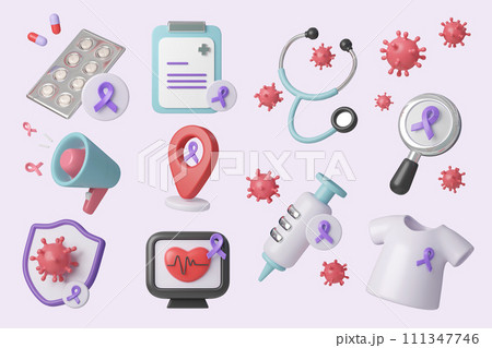 Cancer 3D symbol icon set. World Cancer Day concept, Raise awareness, prevention, detection, treatment. Icon design 3d illustration Cancer 3D symbol icon set. World Cancer Day concept, Raise awareness, prevention, detection, treatment. Icon design 3d illustration 111347746