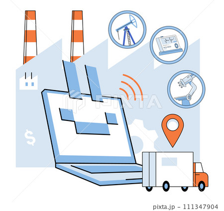 Industry iot vector illustration. Security, vigilant guardian, shields gates sprawling cyberspace metropolis Virtual reality, portal to new realms, unfolds dimensions possibility in industry 111347904