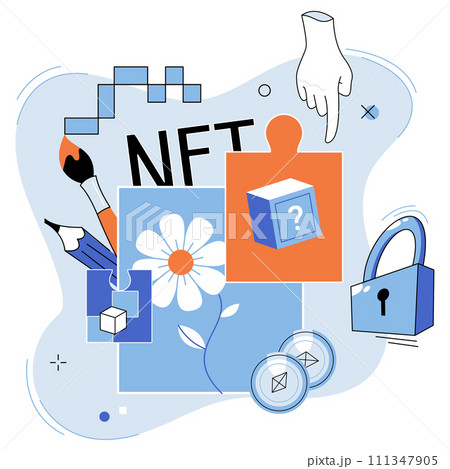 NFT vector illustration. NFTs have opened up new revenue streams for content creators and artists, revolutionizing entertainment industry Nonfungible tokens provide means proving ownership 111347905