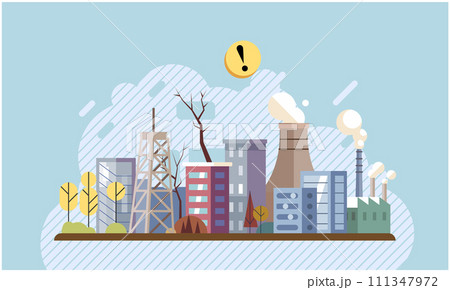 Industrial pollution. Dirty waste. Environmental pollution. Vector illustration. Industrial pollution is result increased production demands Dirty water is affecting aquatic life Smokes with smog Industrial pollution. Dirty waste. Environmental pollution. Vector illustration. Industrial pollution is result increased production demands Dirty water is affecting aquatic life Smokes with smog 111347972
