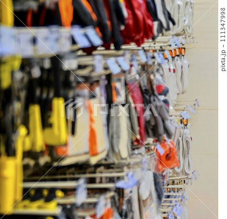 Blurred DIY section at retail store in Europe. Store for home improvement in local supermarket, defocused background 111347998