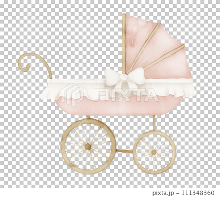 Watercolor Baby Pram in vintage style. Retro kid Stroller in cute pastel pink and beige colors. Carriage for children on isolated background. Hand drawn illustration of perambulator for newborn party. Watercolor Baby Pram in vintage style. Retro kid Stroller in cute pastel pink and beige colors. Carriage for children on isolated background. Hand drawn illustration of perambulator for newborn party. 111348360