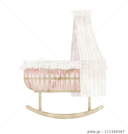 Watercolor Baby Cradle. Hand drawn illustration of Crib for Child on isolated background. Cot in cute pastel pink and beige colors. Bed for girl. Sketch for newborn party in retro boho style. 111348367