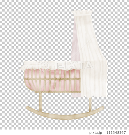 Watercolor Baby Cradle. Hand drawn illustration of Crib for Child on isolated background. Cot in cute pastel pink and beige colors. Bed for girl. Sketch for newborn party in retro boho style. 111348367