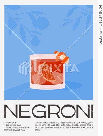 Negroni Cocktail in old fashioned glass with ice. Summer Italian aperitif retro poster. Elegant print, wall art with alcoholic beverage decorated with orange peel and citrus tree on background. Vector Negroni Cocktail in old fashioned glass with ice. Summer Italian aperitif retro poster. Elegant print, wall art with alcoholic beverage decorated with orange peel and citrus tree on background. Vector 111348604