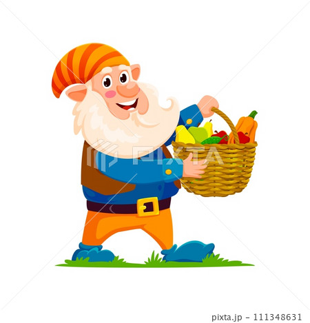 Cartoon gnome or dwarf gardener character happily carries a basket brimming with colorful, ripe and raw fruits. Isolated vector fairytale personage proudly presents delightful and bountiful harvest Cartoon gnome or dwarf gardener character happily carries a basket brimming with colorful, ripe and raw fruits. Isolated vector fairytale personage proudly presents delightful and bountiful harvest 111348631