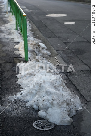 日本、冬、雪、屋外、大雪、残雪、タイヤ痕、都心、都内、東京、降雪、夕方、道路、路肩、雪解け、雪かき、 日本、冬、雪、屋外、大雪、残雪、タイヤ痕、都心、都内、東京、降雪、夕方、道路、路肩、雪解け、雪かき、 111348642