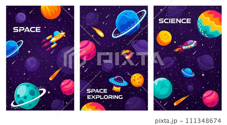 Space landscape posters with spaceship and starship, galaxy planets and stars, cartoon vector background. Outer space landscape with rocket and alien UFO in starry sky for kids space adventure 111348674