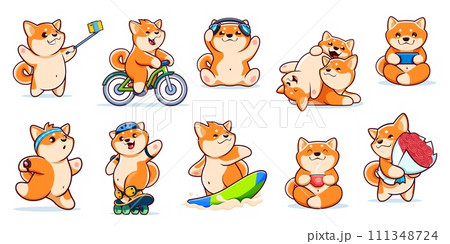 Cartoon kawaii pets, Shiba Inu dog and puppy characters, vector funny animals. Kid cute happy Shiba Inu puppy dogs with coffee cup, on skateboard or bicycle and flowers, making selfie on mobile phone Cartoon kawaii pets, Shiba Inu dog and puppy characters, vector funny animals. Kid cute happy Shiba Inu puppy dogs with coffee cup, on skateboard or bicycle and flowers, making selfie on mobile phone 111348724