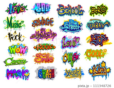 Graffiti street art, urban style wall writings and grunge text tags set. Vector graffiti cool, wow, boo, yeah and love slogans with paint drips, blots and splatters, arrows, stars and smile emoticons Graffiti street art, urban style wall writings and grunge text tags set. Vector graffiti cool, wow, boo, yeah and love slogans with paint drips, blots and splatters, arrows, stars and smile emoticons 111348726