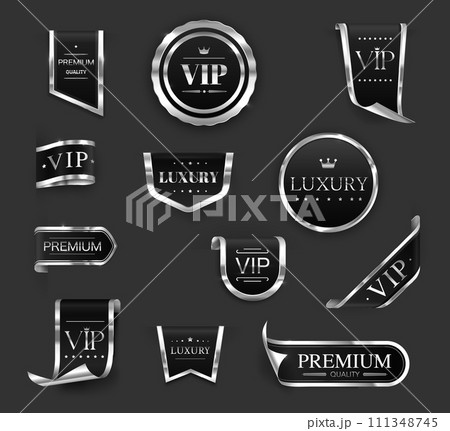 Silver luxury VIP labels and banners, ribbons or badges and premium quality vector stickers. VIP certificate labels and exclusive silver black emblems or premium quality tags with crown and stars 111348745