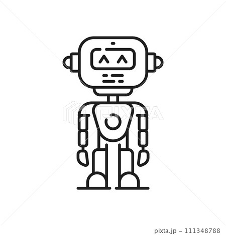 Cartoon robot line icon, robotic android character or cyborg bot, outline vector. Funny retro robot with mechanical arms and face display, space alien robotic machine or AI cyber technology android Cartoon robot line icon, robotic android character or cyborg bot, outline vector. Funny retro robot with mechanical arms and face display, space alien robotic machine or AI cyber technology android 111348788