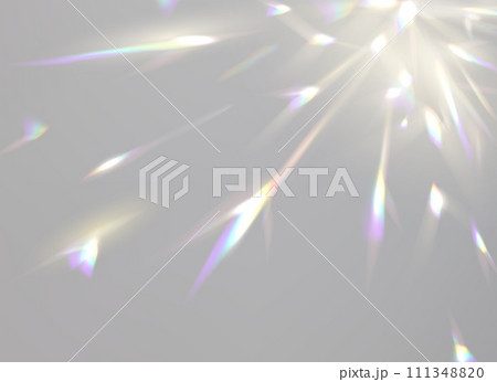 Prism light overlay with rainbow light effect, transparent flares of crystal diamond, vector background. Prism light glares or lens flare spectrum of gem glass refraction or sun light dispersion 111348820