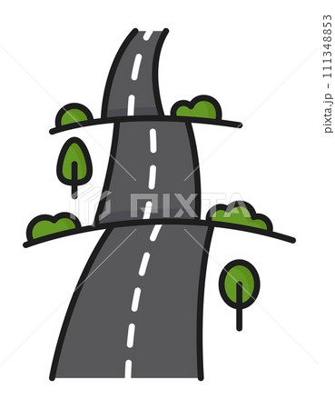 Road color line icon, highway or roadway with trees, vector traffic lane sign. Suburban or town road and street path on hills, freeway drive for transport route navigation or highway roadsign 111348853