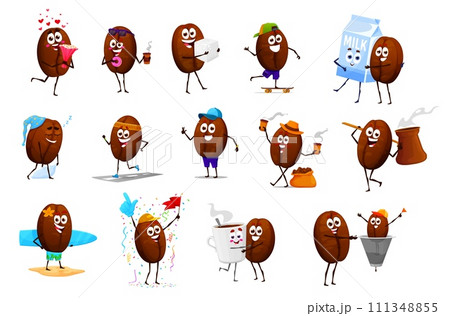 Cartoon cheerful happy coffee bean characters with coffee cup, vector mascot icons. Funny cute coffee beans with face smile hugging milk and sugar, sleeping or with donut dessert and thumb up Cartoon cheerful happy coffee bean characters with coffee cup, vector mascot icons. Funny cute coffee beans with face smile hugging milk and sugar, sleeping or with donut dessert and thumb up 111348855
