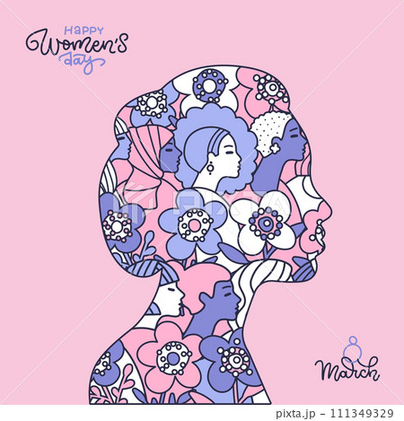International womens day postcard. Doodle line art portraits of beautiful women with flowers in female heads silhouette. Graceful templates for cards, posters, flyers and other users. Vector lettering 111349329
