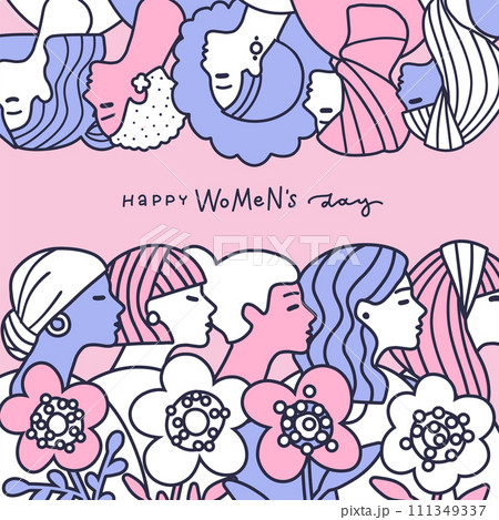 International Women's Day greeting card with abstract different female profile portraits in linear doodle style. Women empowerment concept. Vector hand drawn illustration with lettering greeting text. International Women's Day greeting card with abstract different female profile portraits in linear doodle style. Women empowerment concept. Vector hand drawn illustration with lettering greeting text. 111349337