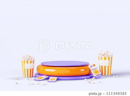 Cinema 3d podium with movie ticket and popcorn bucket icons. Mockup round stage for presentation film festival, award ceremony. Empty theater scene with snack, premiere render banner. 3D illustration Cinema 3d podium with movie ticket and popcorn bucket icons. Mockup round stage for presentation film festival, award ceremony. Empty theater scene with snack, premiere render banner. 3D illustration 111349385
