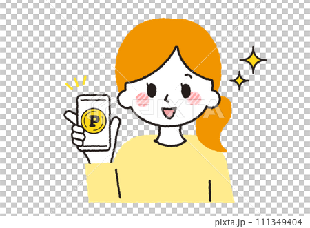 A housewife who collects points on her smartphone. Illustration of point management. 111349404