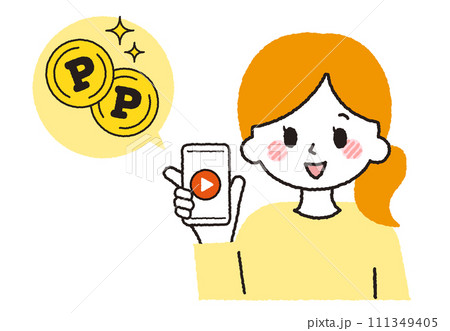 スマホでポイント活動をする主婦。ポイント運用をしているイラスト。 スマホでポイント活動をする主婦。ポイント運用をしているイラスト。 111349405