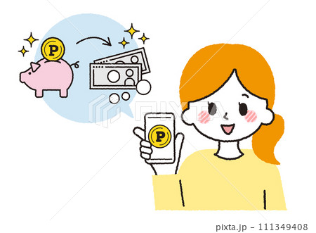 スマホでポイント活動をする主婦。ポイント運用をしているイラスト。 111349408
