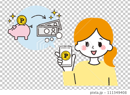 スマホでポイント活動をする主婦。ポイント運用をしているイラスト。 111349408