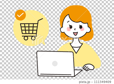 一位女士在電腦上網購物。 111349409