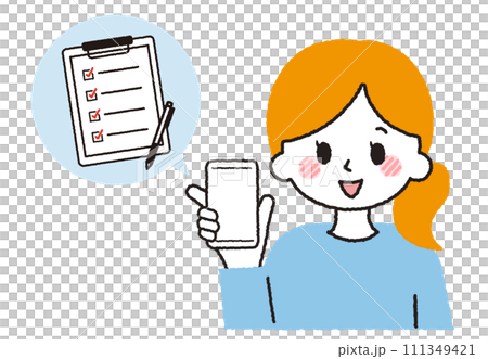 A woman responding to a questionnaire. A person doing input work on a smartphone. 111349421