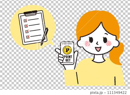 A woman answers a questionnaire and gets points. A person doing input work on a smartphone. 111349422