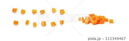 Fresh Diced Carrot, Raw Carrot Cubes Closeup, Chopped Orange Root Vegetable, Diced Carrots Pile 111349467