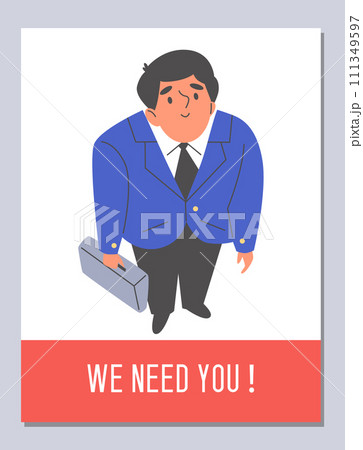 Vector illustration top view of businessman with briefcase on 'We need you!' recruitment poster 111349597