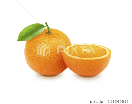 Orange with sliced and green leaves isolated on white background Orange with sliced and green leaves isolated on white background 111349613