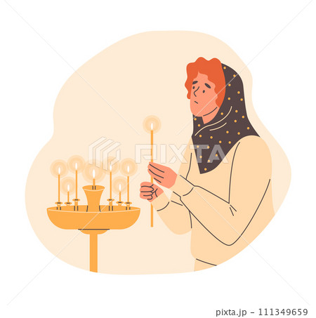 Woman lights candles in church, vector illustration on white, cartoon style Woman lights candles in church, vector illustration on white, cartoon style 111349659