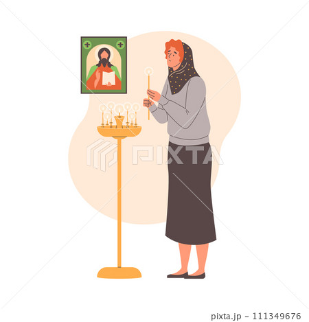 Praying young woman near the Jesus painting lights a candle vector illustration, Christian religious person pray to God Praying young woman near the Jesus painting lights a candle vector illustration, Christian religious person pray to God 111349676