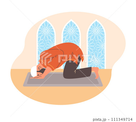 Muslim man praying on knees in mosque, communicating with Allah, Ramadan Kareem, vector character of Islamic religion 111349714