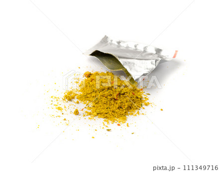 Seasoning Powder Package Isolated, Square Foil Bag, Powder Seasoning, Dry Msg, Instant Noodle Soup Seasoning Powder Package Isolated, Square Foil Bag, Powder Seasoning, Dry Msg, Instant Noodle Soup 111349716