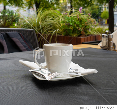 Fresh Black Coffee in Outdoor Cafe, Coffee Cup in Coffeeshop City, Black Coffee on Restaurant Table 111349727