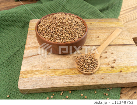 Coriander Seeds in Bowl, Organic Cilantro Grains, Chinese Parsley Seed Group, Dry Spices, Seasonings 111349752