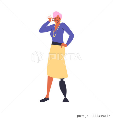 Question gesture emotion vector illustration, wondered woman prosthetic leg in glasses thinking, doubting character 111349817