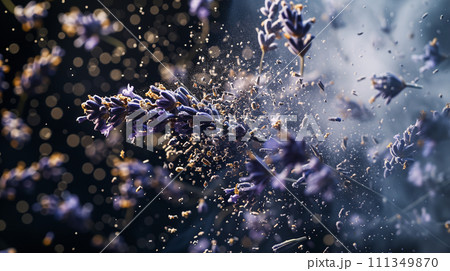 Lavender sprigs, crushed flowers flying in the light on dark background 111349870
