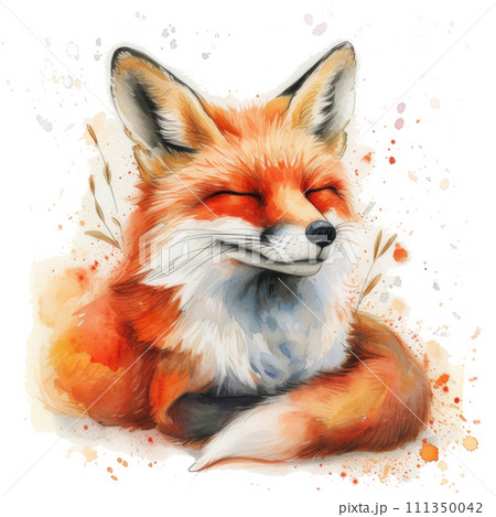 A delightful watercolor fox, its vibrant colors contrasted against a serene white sheet A delightful watercolor fox, its vibrant colors contrasted against a serene white sheet 111350042