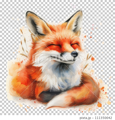 A delightful watercolor fox, its vibrant colors contrasted against a serene white sheet A delightful watercolor fox, its vibrant colors contrasted against a serene white sheet 111350042