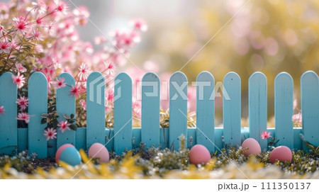 A serene garden scene with a pastel-painted wooden fence, perfect for an Easter egg hunt A serene garden scene with a pastel-painted wooden fence, perfect for an Easter egg hunt 111350137