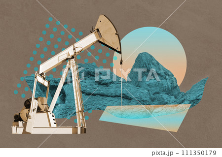 Funky collage with industrial oil rig. Art poster, template concept design or zine cover. Pump Jack. 111350179